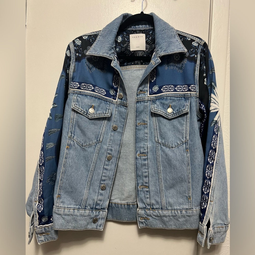 Sandro Denim Jean Jacket with Blue Silk Bandana Accents Size 36 Small